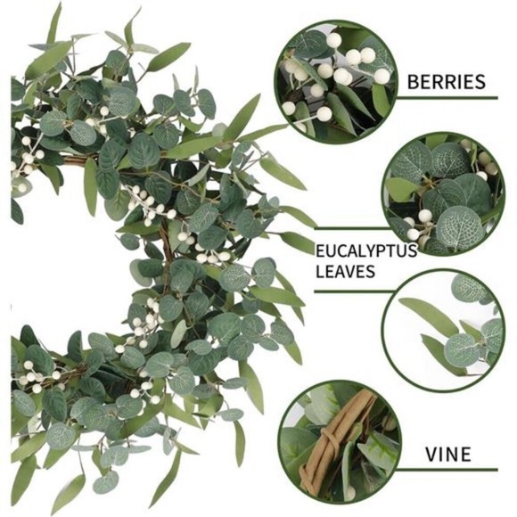 20in Artificial Eucalyptus Wreath for Front Door Fall Wreath Green Leaf Wreath - Picture 3 of 8